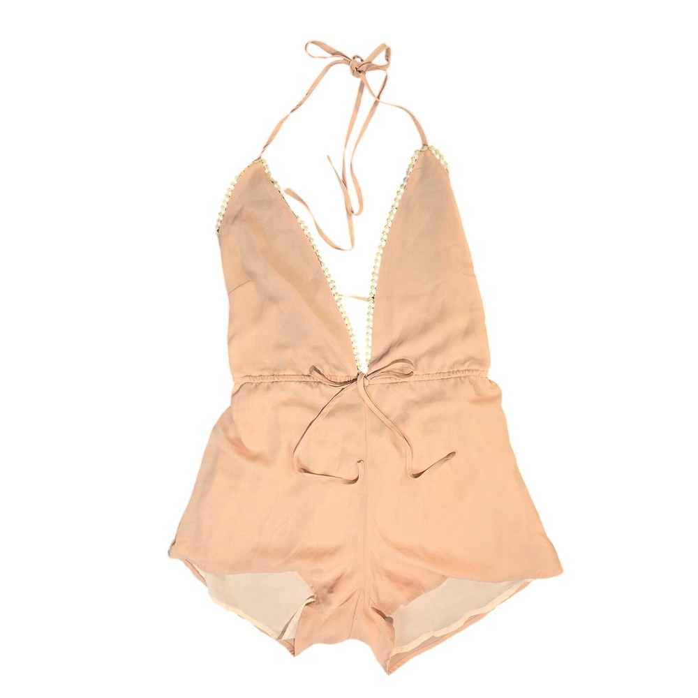 Lookbook Store Peach Crochet Trim Deep V Halter Open Back Romper Womens Size 4